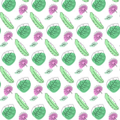 Aufkleber - Colourful tropical monstera, banana palm leaves wallpaper. Vector Nature seamless pattern.  Line doodle art. Hand drawn outline design for fabric, child print, cover, banner and invitation.