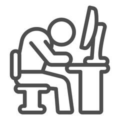 Poster - Tired employee line icon, officesyndrome concept, tired employee vector sign on white background, man at monitor outline style for mobile concept and web design. Vector graphics.