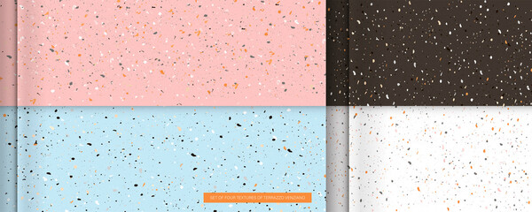 Wall Mural - Set seamless terrazzo patterns. Pattern for ceramics marble natural stone. Vector stock illustration textured shapes in vibrant colors