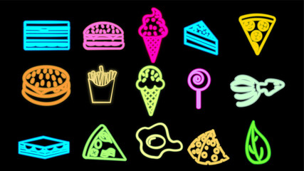 Wall Mural - Neon bright glowing multicolored set of 15 icons of delicious food and snacks items for restaurant bar cafe: burgers, fries, ice cream, soda, sandwich, cheese, herbs, pizza, egg