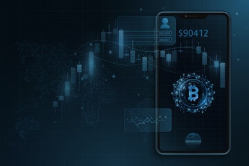 Poster - Modern smartphone with bitcoin candlestick price pattern in the cryptocurrency market. World economy. User interface design. UI and UX design mockup. Vector business concept