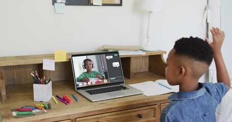 Poster - Schoolboy using laptop online lesson, raising hand, with schoolboy and web chat on screen