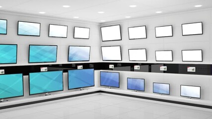 Canvas Print - Animation of rows of television sets with glowing pattern on blue screens in store