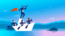 Business Leadership - Team Of Businesspeople In Paper Ship Finding The Way Forward. Manager And Team Leader Concept, Vector Illustration
