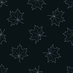 Wall Mural - Contour maple leaves on dark background. Seamless vector pattern