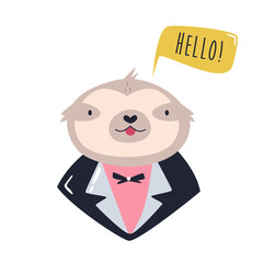 Wall Mural - Funny illustration of smiling sloth wearing evening costume.