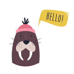 Wall Mural - Funny illustration of adorable walrus in a sailor hat