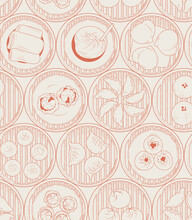 The Seamless Pattern Design. The Hand-drawn Asian Traditional Food Dim Sum, Yang-Cha. Repeatable Food Background Design In Vintage Style. Included Steamer, Buns, Soup Dumplings, And Shrimp Dumplings.