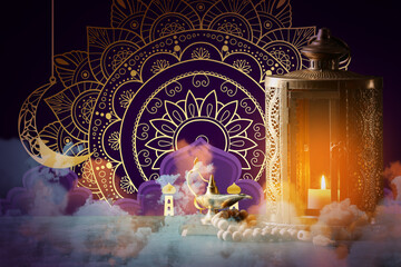 Wall Mural - Muslim lantern with Quran, Aladdin lamp and tasbih on dark background