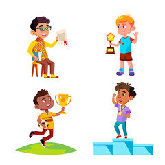 Sticker - Boys Kids Celebrate Victory With Award Set Vector. Children Winners Standing On Pedestal With Medal And Holding Cup Won In Soccer Competition, Diploma And Award. Characters Flat Cartoon Illustrations