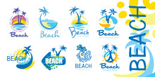A Set Of Vector Icons For The Beach With The Image Of A Palm Tree And The Sea