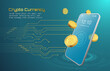 Bitcoin cryptocurrency application trading application on blue background in modern currency exchange market