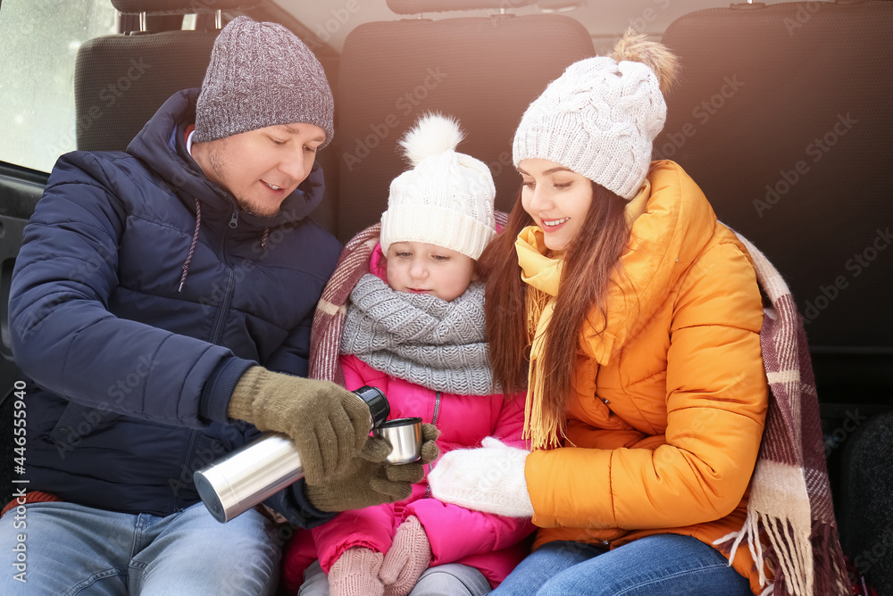 Happy family drinking hot tea in park on winter day