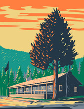 WPA Poster Art Of Roosevelt Lodge Cabins Located In The Tower-Roosevelt Area In Yellowstone National Park, Wyoming USA Done In Works Project Administration Style Or Federal Art Project Style.