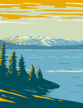 WPA Poster Art Of Yellowstone Lake, The Largest Body Of Water Located Within Yellowstone National Park, Wyoming USA Done In Works Project Administration Style Or Federal Art Project Style.