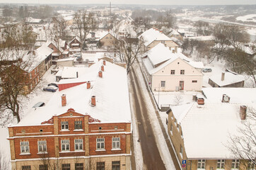 Wall Mural - Aerial view of Kuldiga old town in winter day, Latvia.