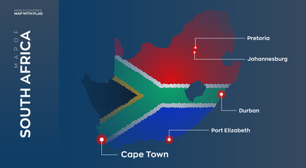 Wall Mural - South Africa map with flag info graphic. Abstract vector map of South Africa with capital and major cities. Dots composition map on dark background. 