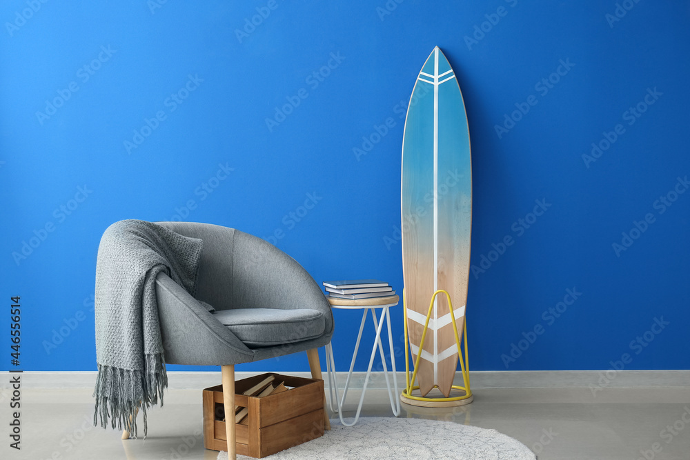 Interior of modern room with surfboard