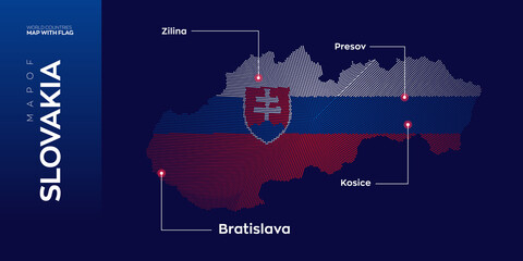 Wall Mural - Slovakia map with flag info graphic. Abstract vector map of Slovakia with capital and major cities. Dots composition map on dark background. 