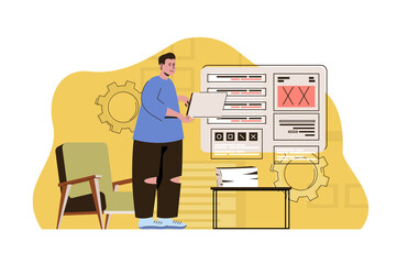 Aufkleber - Machine language concept. Programmer works on laptop, gives instruction set situation. Software development people scene. Vector illustration with flat character design for website and mobile site