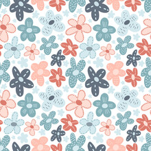 Cute Ditsy Floral Seamless Pattern With Hand Drawn Doodle Flowers In Simple Childish Scandinavian Style On White. Limited Pastel Color Palette. Beautiful Vector Background