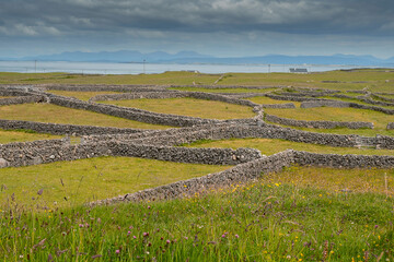 Maze of dry stone fences on Inishmore, Aran Islands, County Galway, Ireland. Irish landscape. Warm sunny day, cloudy sky