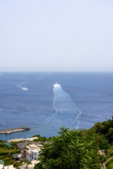 Wall Mural - Aerial view of  Marina Grande, catamaran sailing to naples at Tyrrhenian Sea, Capri Island, Naples, Italy