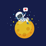 Fototapeta Kosmos - Cute astronaut boy relaxing on the moon. Flat vector cartoon design