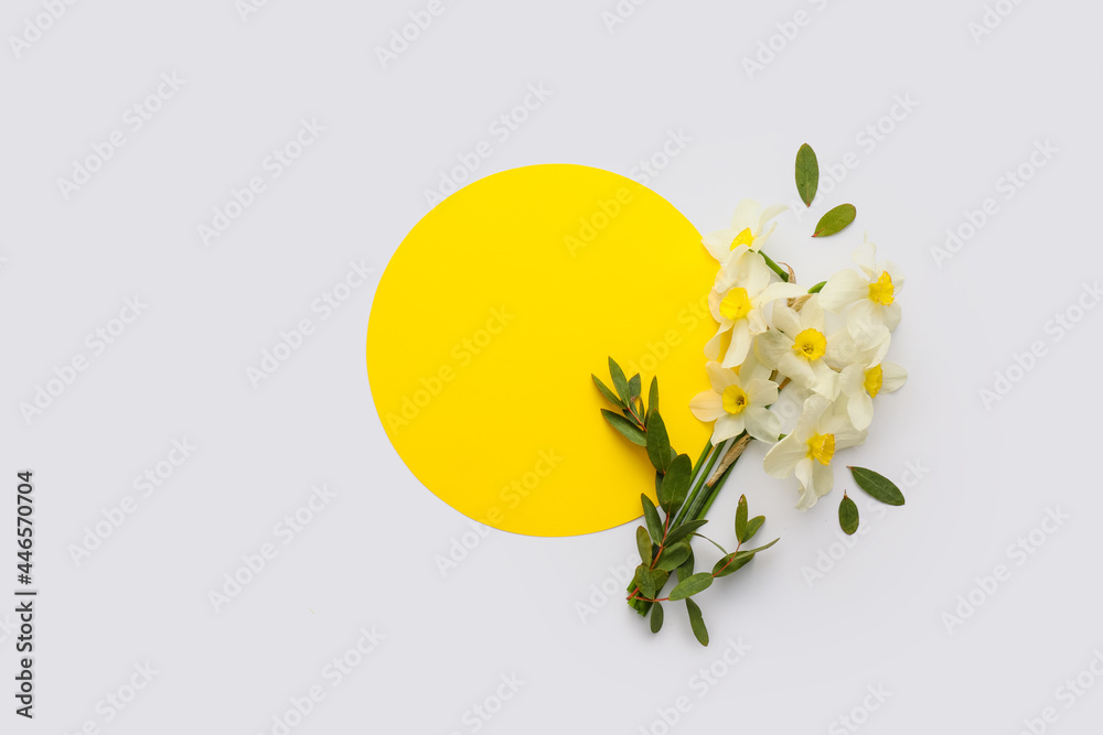 Beautiful daffodils and blank card on white background - obrazy, fototapety, plakaty 