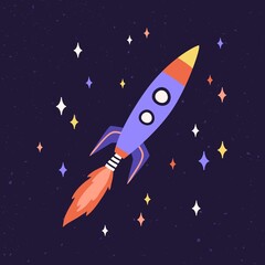 Poster - Rocket ship with fire flames from engine. Rocketship fly in outer space. Spaceship flying in cosmos. Missile flight. Childish galactic spacecraft. Colored flat vector illustration of cosmic shuttle