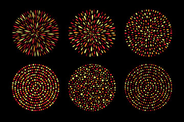 Poster - Round backgrounds collection, radial patterns set. Circle, firework shape made of uneven dots, drops, paint splashes, tiny spots, blobs. Frame templates, dotted design elements. Autumn, fire colors.