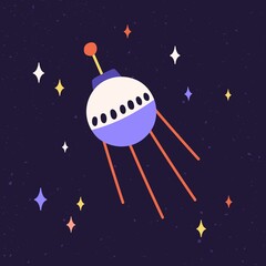 Wall Mural - sphere of satellite with antennas flying in outer space. sputnik, cosmic equipment, fly in cosmos. a
