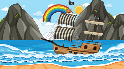 Ocean with Pirate ship at day time scene in cartoon style