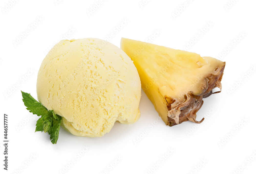 Scoop of tasty pineapple ice cream on white background