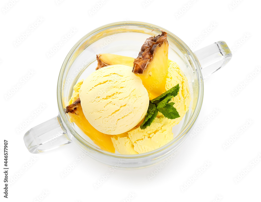 Glass bowl with tasty pineapple ice cream on white background