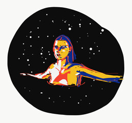Vector illustration of topless woman swimming against starry sky