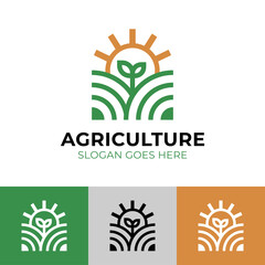 Wall Mural - modern linear agriculture with nature plant and sun for farm farmer logo design