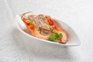 Wall Mural - freshly steamed big tiger prawn seafood with egg white in chinese herbal wine sauce asian halal healthy menu