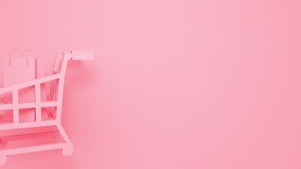 Poster - 3D Shopping cart with a paper bag on a pink background. Minimal modern motion design. Abstract animation