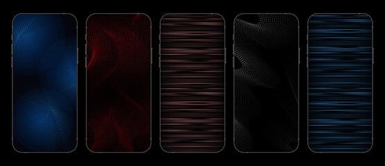 Poster - Textured Dark Background Set for Stories in Social Media. Abstract, Dotted, Linear Template on Smartphone. Vector illustration