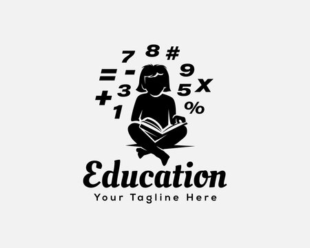 women child reading book learning mathematics silhouette logo template illustration inspiration
