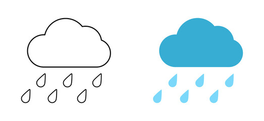 Set with different weather icons. Icons of cloud and rain on a white background. Cloudy vector logo. Linear and color logo with rain.