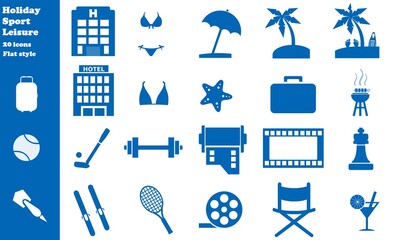 Sticker - Vacances, sports et loisirs en 20 icônes bleus, collection