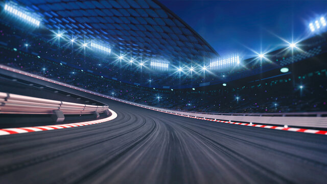 Wall Mural -  - Curved asphalt racing track and illuminated race sport stadium at night. Professional digital 3d illustration of racing sports.	
