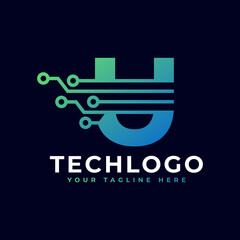 Wall Mural - Tech Letter U Logo. Futuristic Vector Logo Template with Green and Blue Gradient Color. Geometric Shape. Usable for Business and Technology Logos.