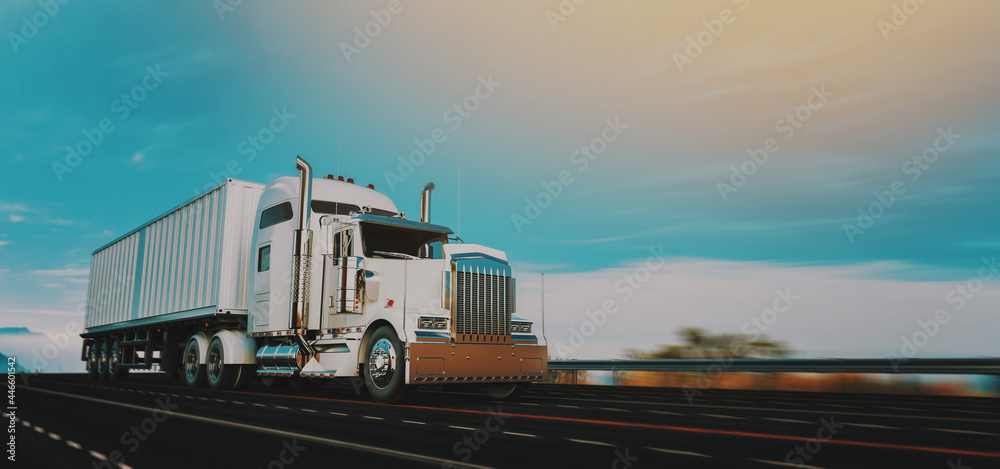 delivery truck with container on The road at full speed, shipping and cargo concept. 3d rendering and itlustater - obrazy, fototapety, plakaty 