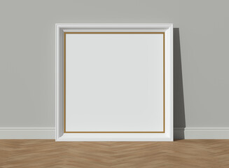 Wall Mural - Wooden white frames on wooden floor with a painted wall. 3D render vertical wooden frame mock up. Oak parquet. Empty interior. 3D illustrations. 3D design interior. Template for business.