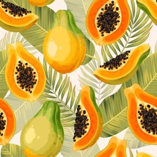 Vector Seamless Pattern With Papaya And Palm Leaf
