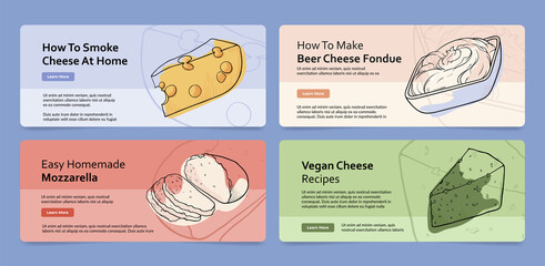 Collection of cheese banner landing page vector flat illustration. Set of hand drawn dairy product
