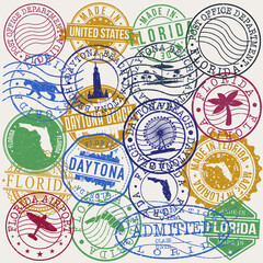  Daytona Beach, FL, USA Set of Stamps. Travel Stamp. Made In Product. Design Seals Old Style Insignia.